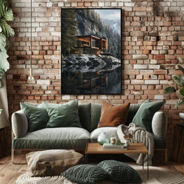 Modern Architectural House in Tranquil Winter Forest Artistic Poster