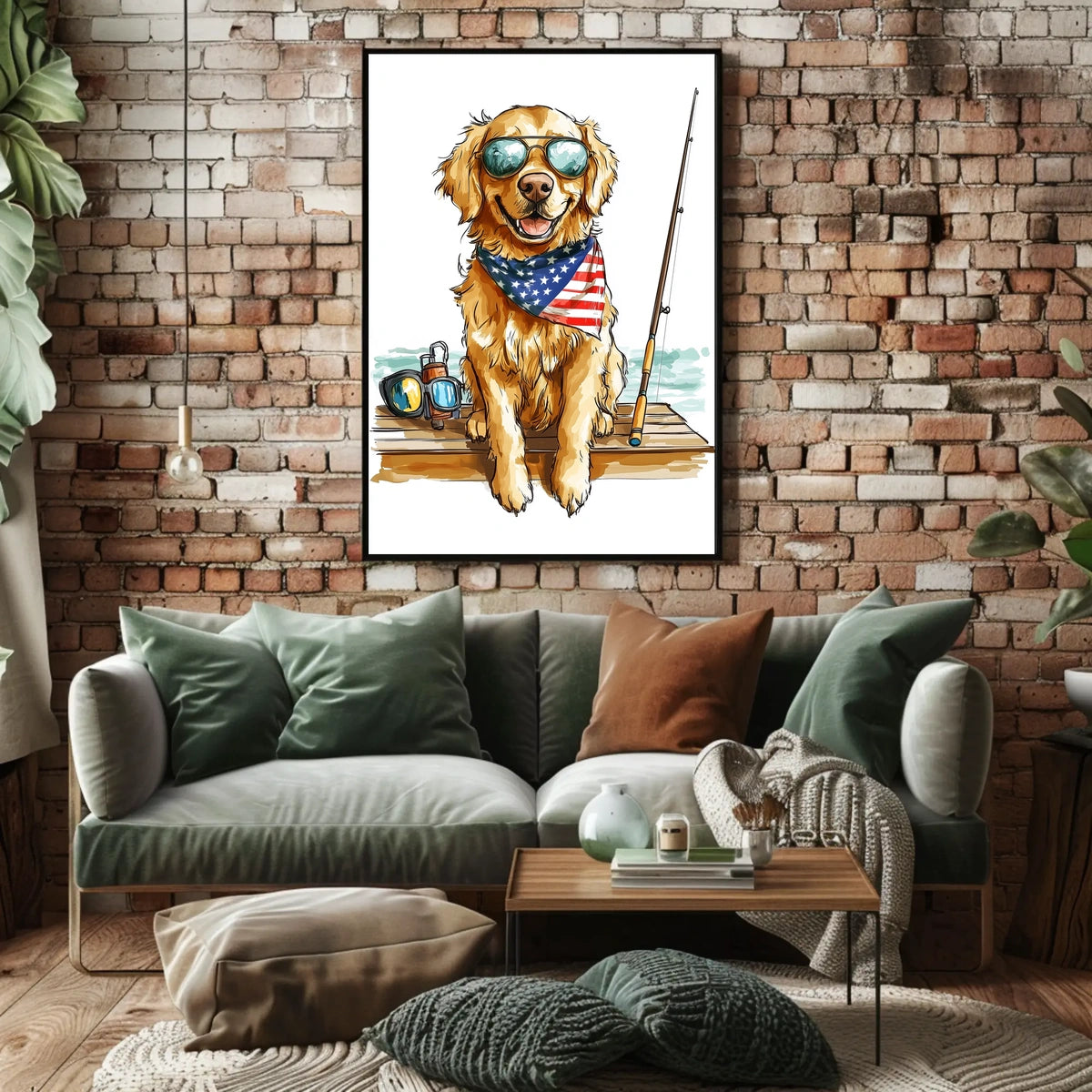 Golden Retriever Fishing Scene Artwork Home Decor Poster