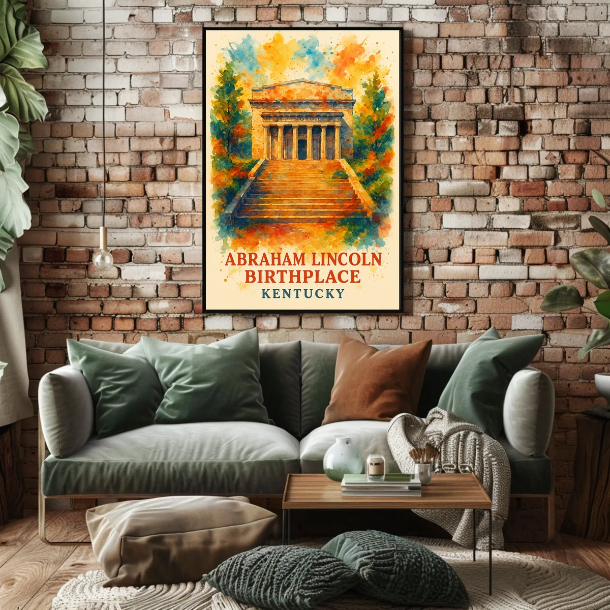 This poster features a depiction of the Abraham Lincoln Birthplace, located in Kentucky. Travel Poster