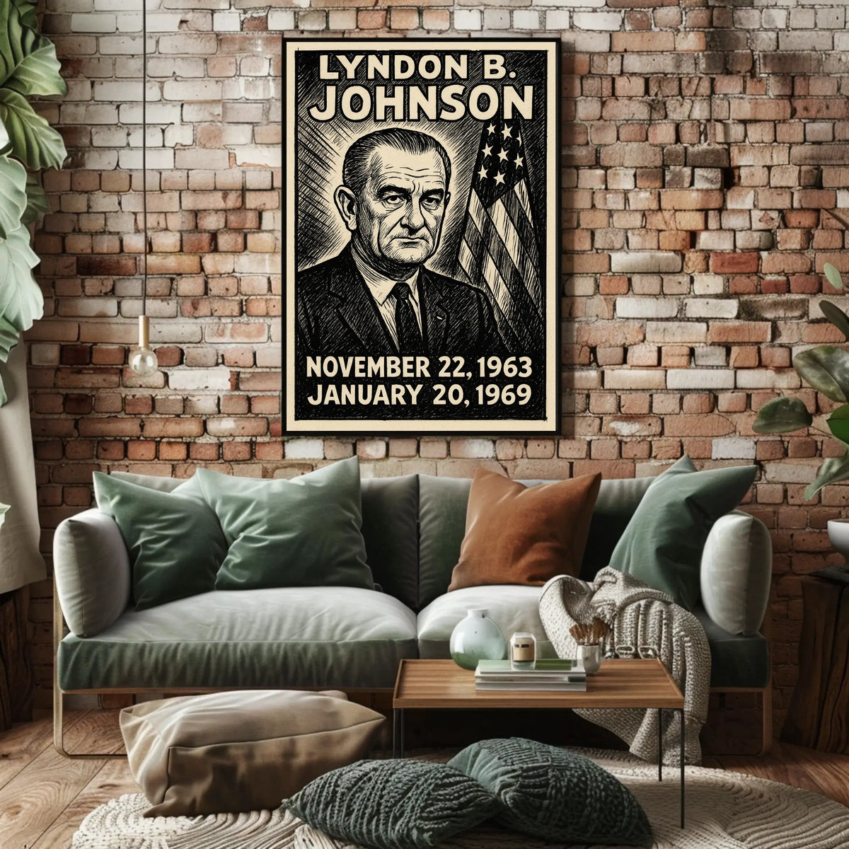 Lyndon B. Johnson 36th President of the United States B & W Comic Sketch Poster