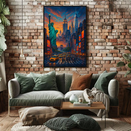New York City Landmarks Sunset Poster Abstract Wall Art