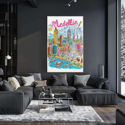 Medellin Colombia Colorful Cityscape and Mountains Travel Poster