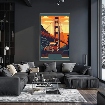 Golden Gate Bridge Vintage Car Drive Travel Poster