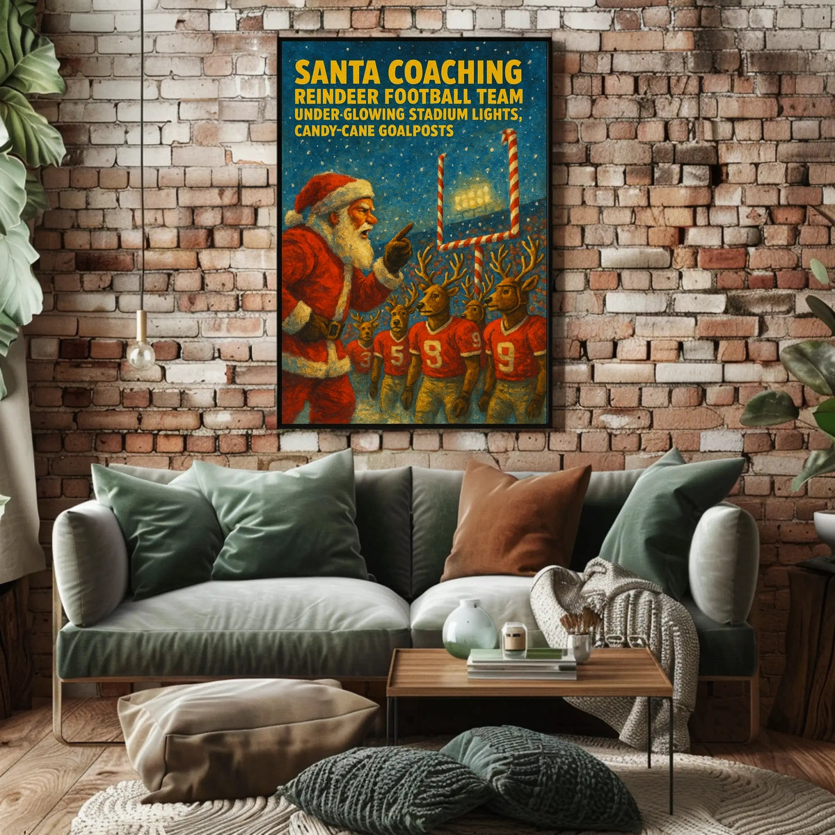 Santa Claus Coaches Reindeer Football Team Poster