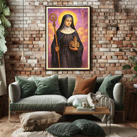 Saintly Figure with Church Model Poster PosterGoat