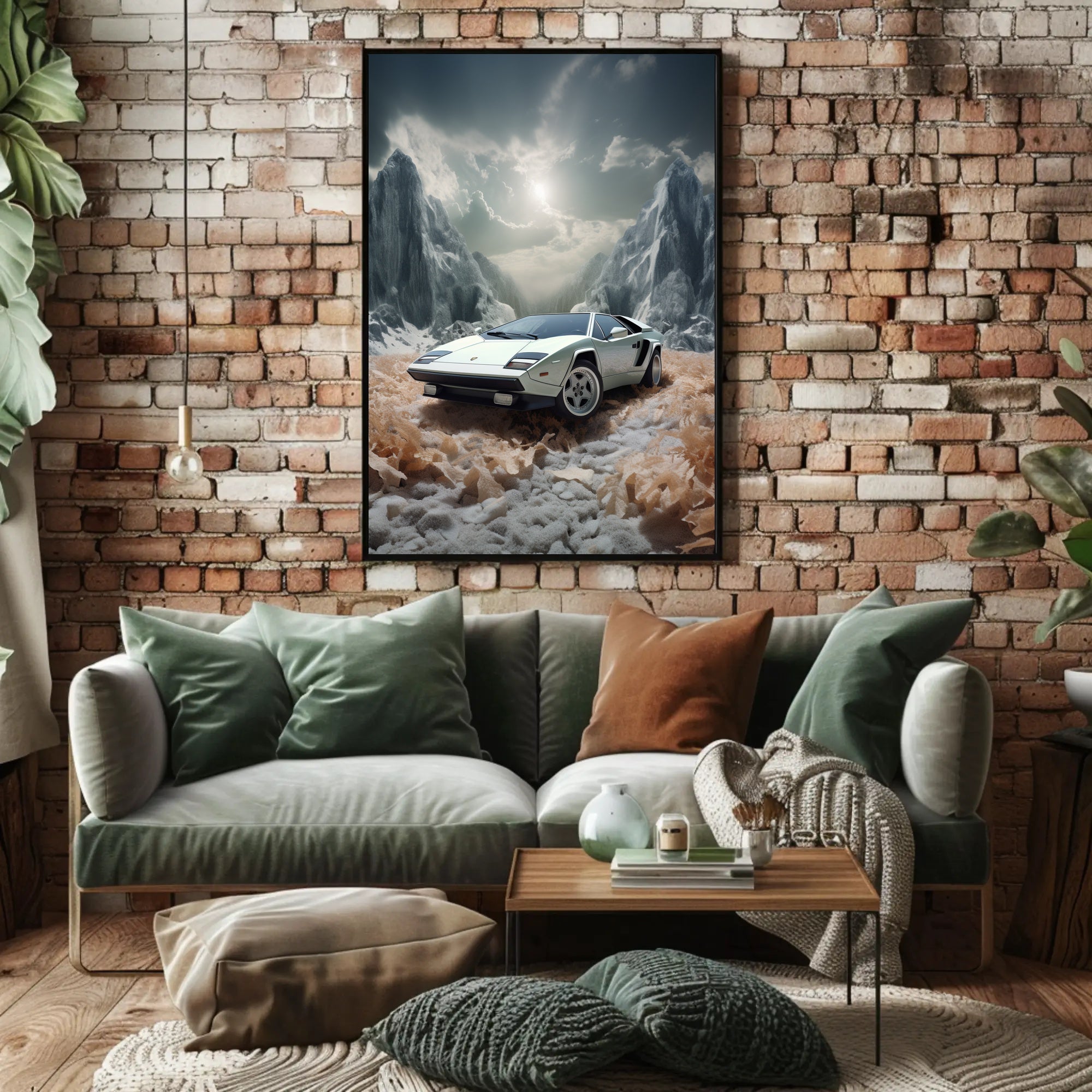 Classic Supercar in a Surreal Landscape Poster PosterGoat