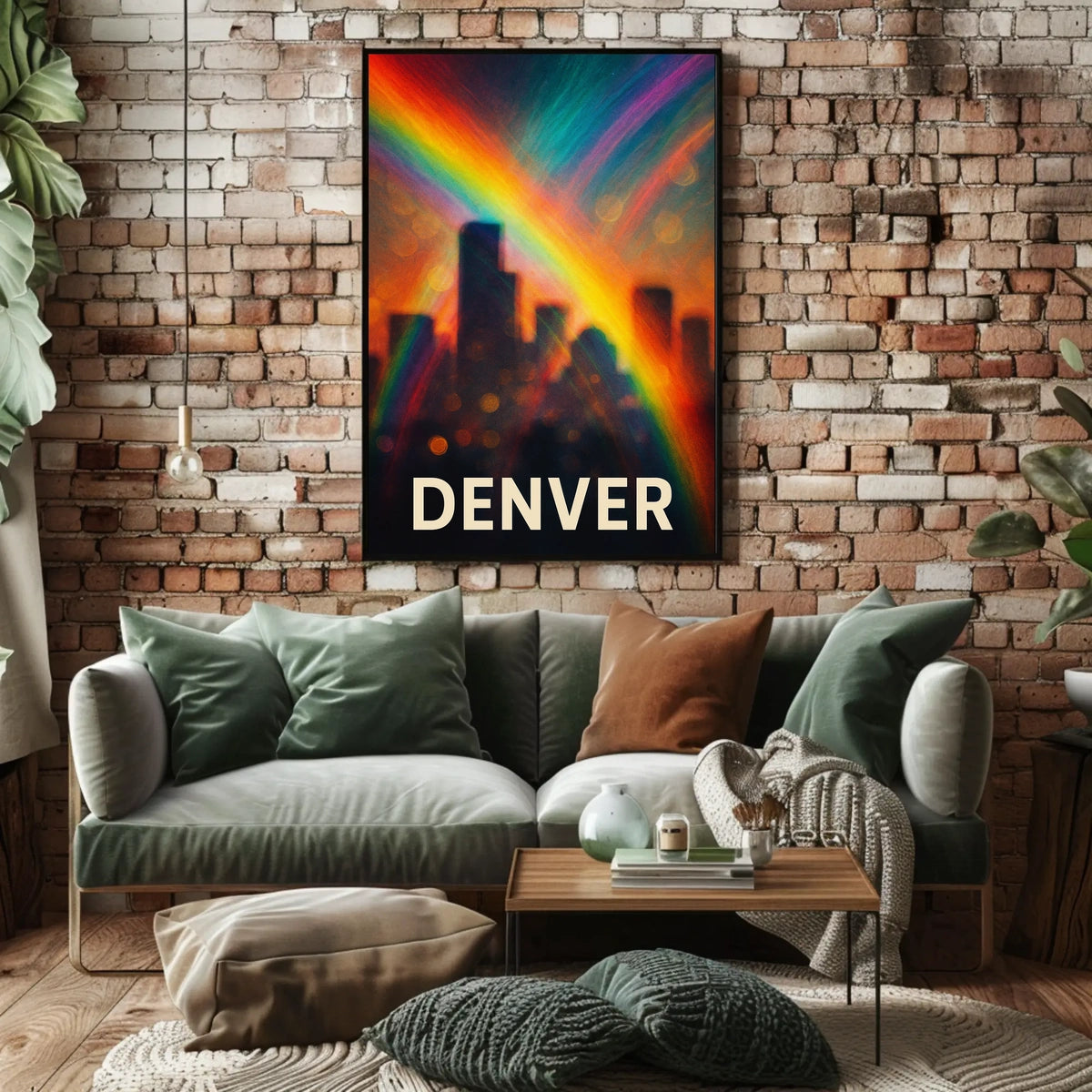 Denver Skyline Rainbow Minimalist Digital Painting Travel Urban Landscape Poster