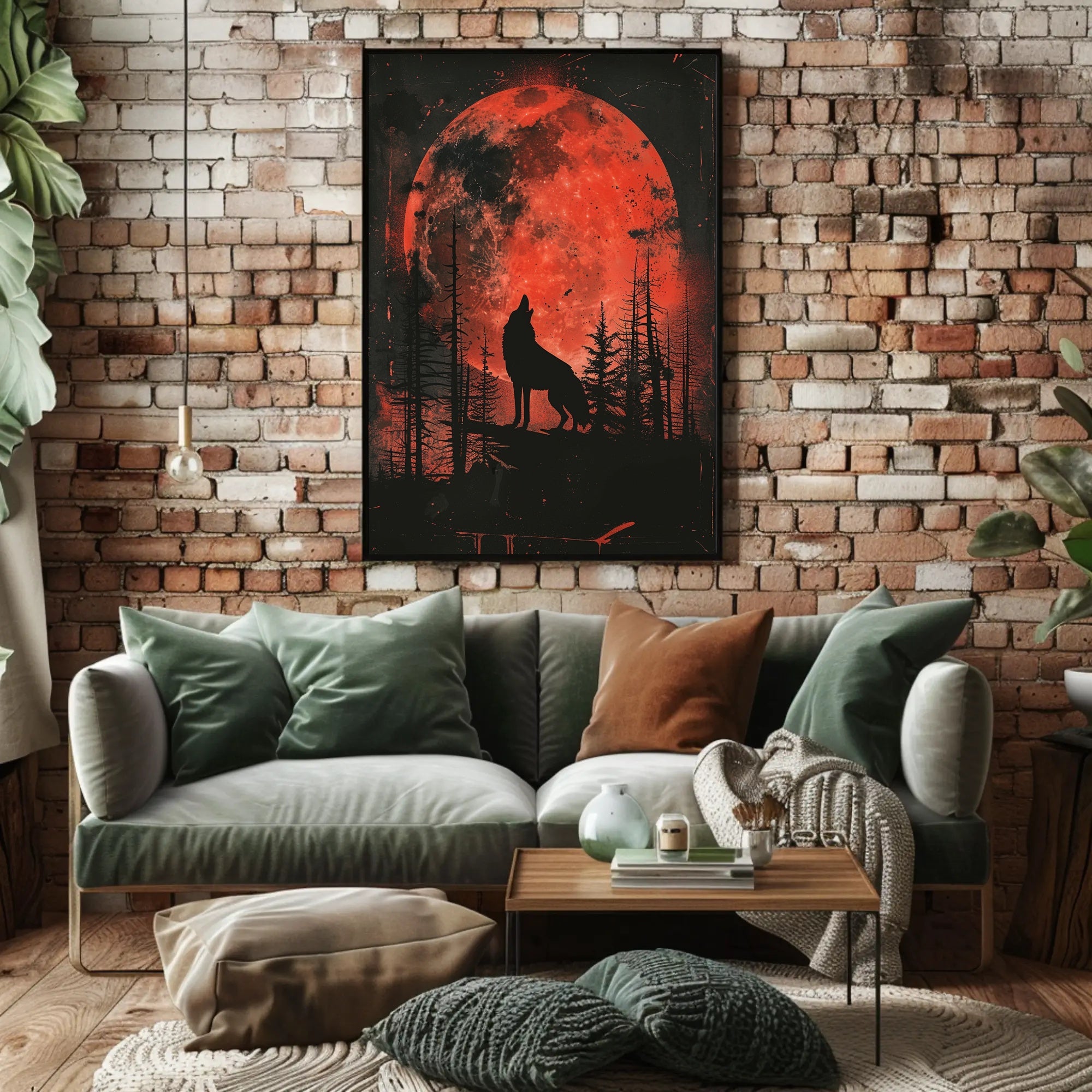 Howling Wolf Blood Moon Forest Art Poster PosterGoat