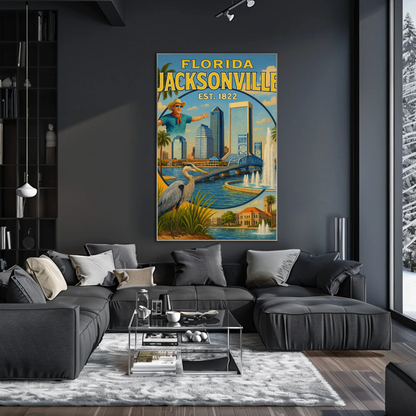 Jacksonville Florida Fishing Bridge Skyline Travel Poster