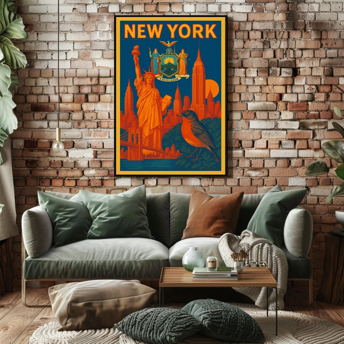 New York Poster Vintage Statue Skyline Bridge Wall Art