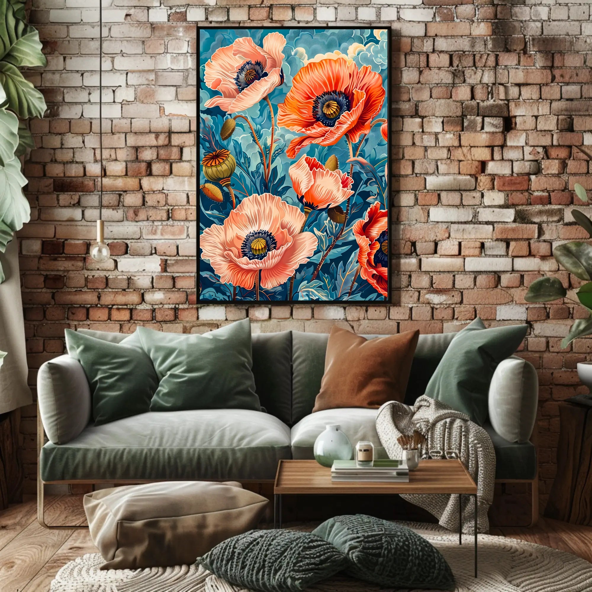 Vibrant Poppy Botanical Art with Vintage Flair Poster