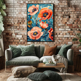 Vibrant Poppy Botanical Art with Vintage Flair Poster