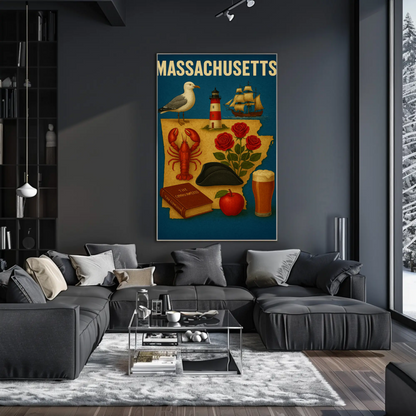 Massachusetts Symbols Map Lobster Ship Hat Poster