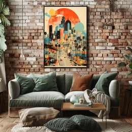 Vibrant Urban Cityscape with Nostalgic Vibes Artistic Poster
