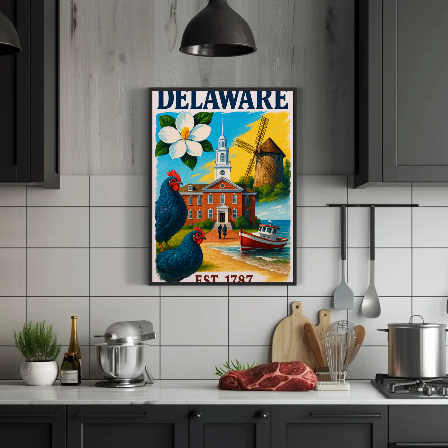 Delaware 1787 Poster With Windmill And Chickens Vintage Travel Poster
