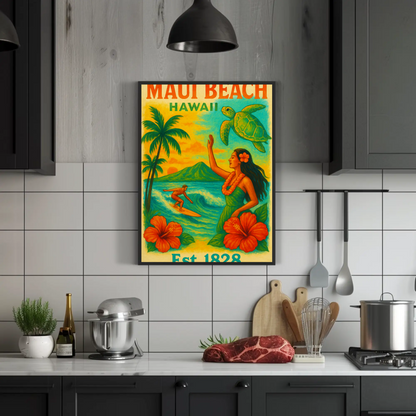 Maui Beach Hawaii Surf Dancer Est 1828 Vintage Travel Poster