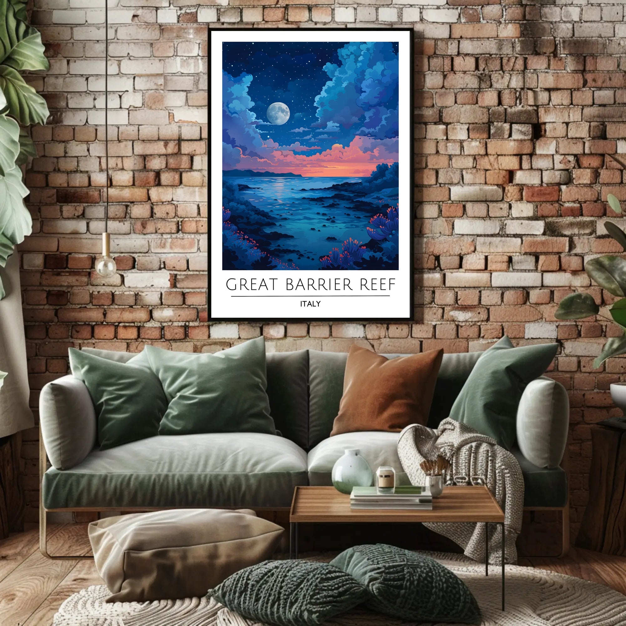 Dreamy Coastal Night Scene Under Full Moon - Artistic Poster