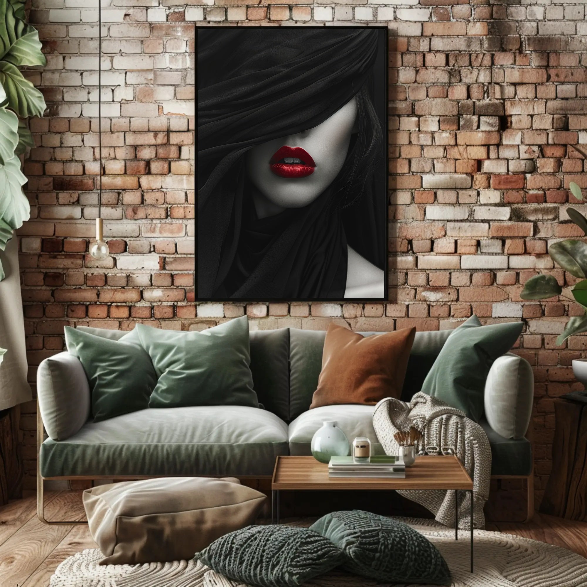 Enigmatic Woman Poster: Artistic Close-up with Bold Red Lips PosterGoat