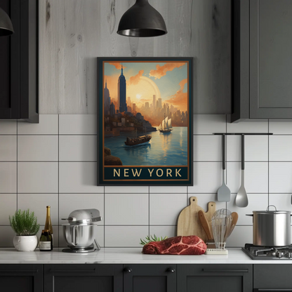 New York Harbor Sunset Vintage Travel Poster