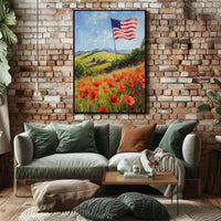 peaceful field of poppies with one large American flag Poster