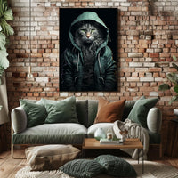 Cat in Teal Jacket Photorealistic Art Poster