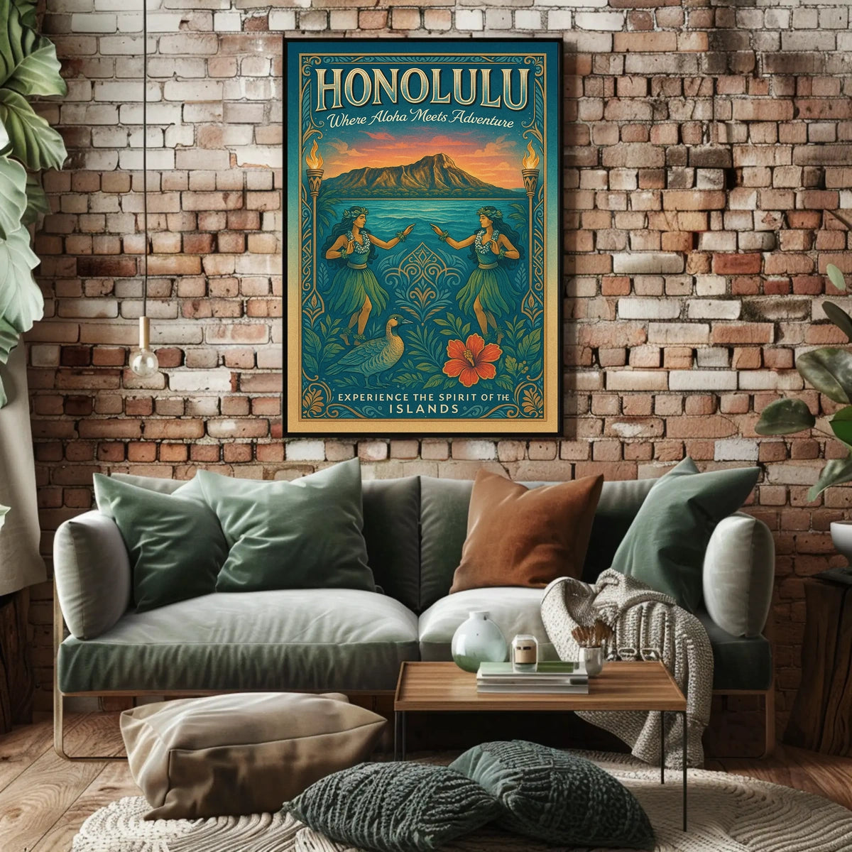 Hawaiian Vintage Art Poster Hula Dancers & Sunset