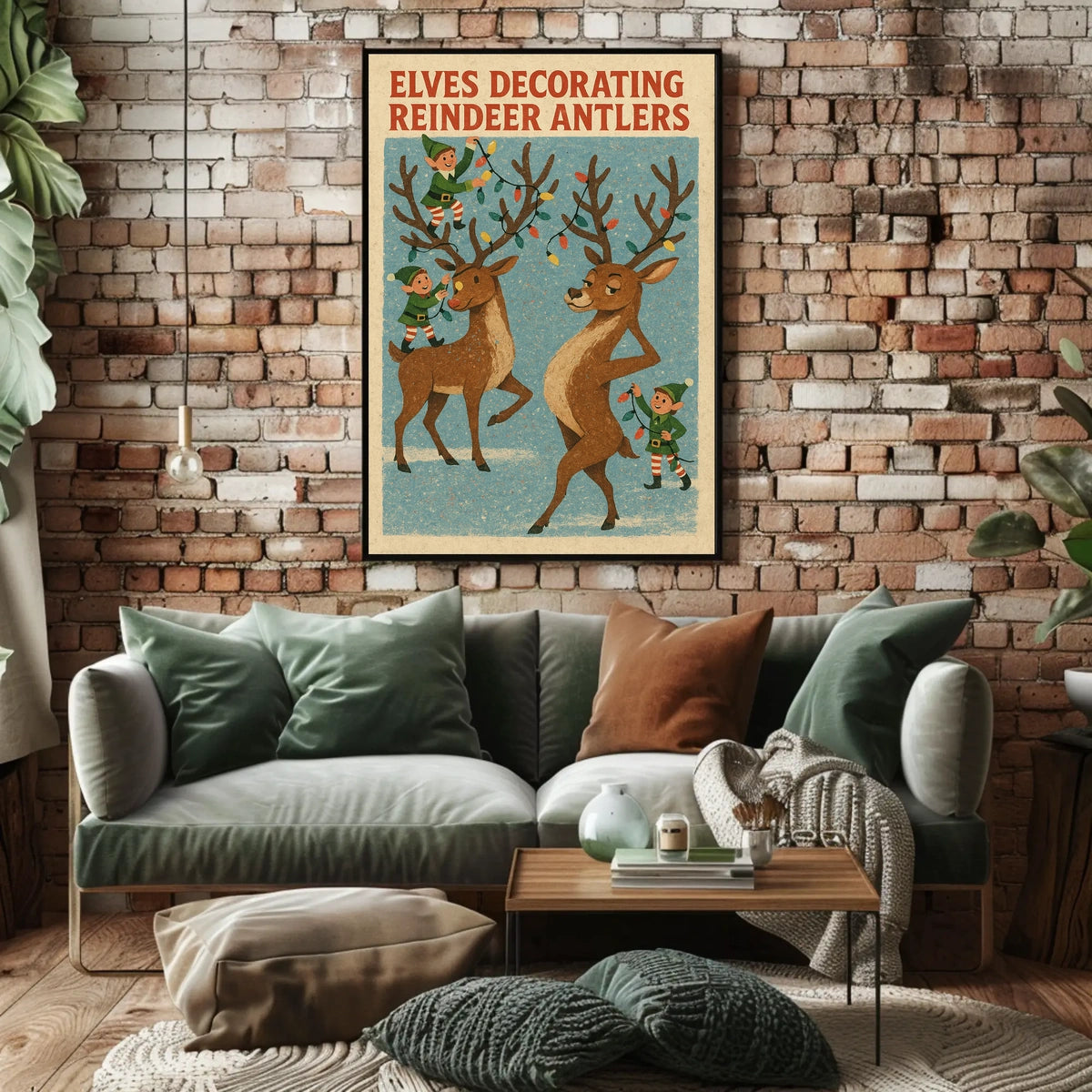 Elves Decorating Reindeer Antlers Poster