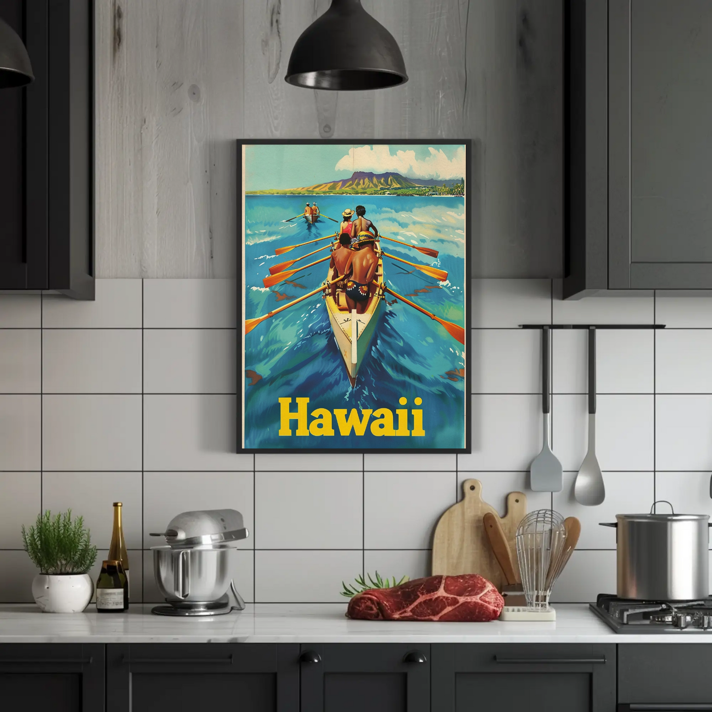 Vintage Travel Poster - Hawaii Rowing Canoe