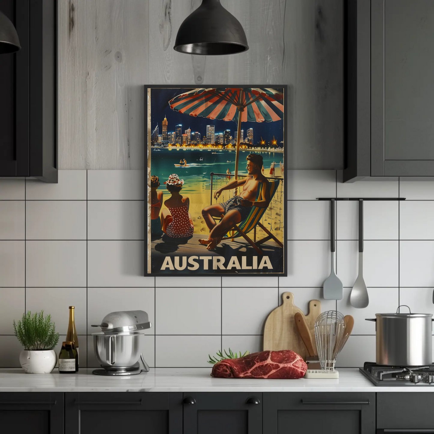 Australia Beach City Night Relaxing Scene Vintage Travel Poster