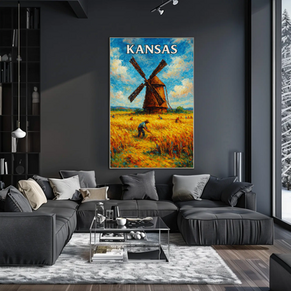 Kansas Windmill Wheat Field Harvest Painting Poster Poster