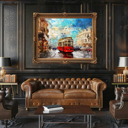 Vintage Tram Cityscape: Modern Impressionist Art Poster