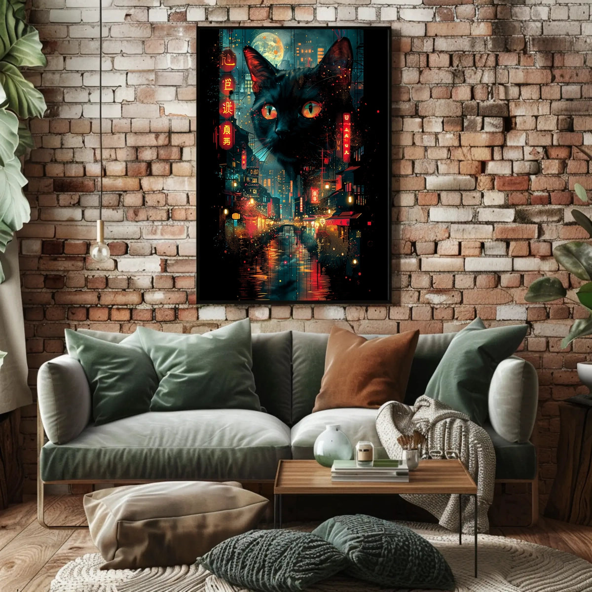 Surreal Cityscape Poster with Floating Black Cat