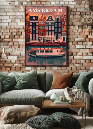Amsterdam Canal Houses: Warm Scenic Travel Poster