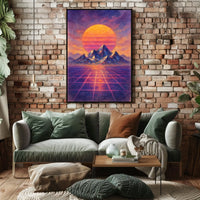 Vibrant Retro-Futuristic Sunset Over Mountains Futuristic Sci-Fi Poster