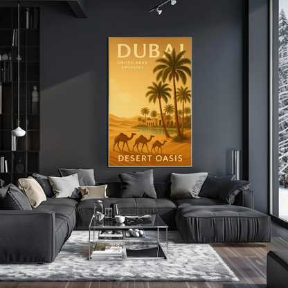 Dubai Desert Oasis Camels Palms Sunset Poster