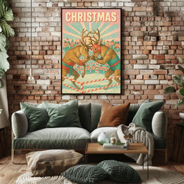Festive Reindeer Wrestling Poster: Retro Holiday Fun