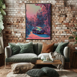 Dreamy Drive Through a Neon Forest Poster Art Print PosterGoat