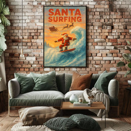 Santa Surfing Vintage Christmas Beach Poster