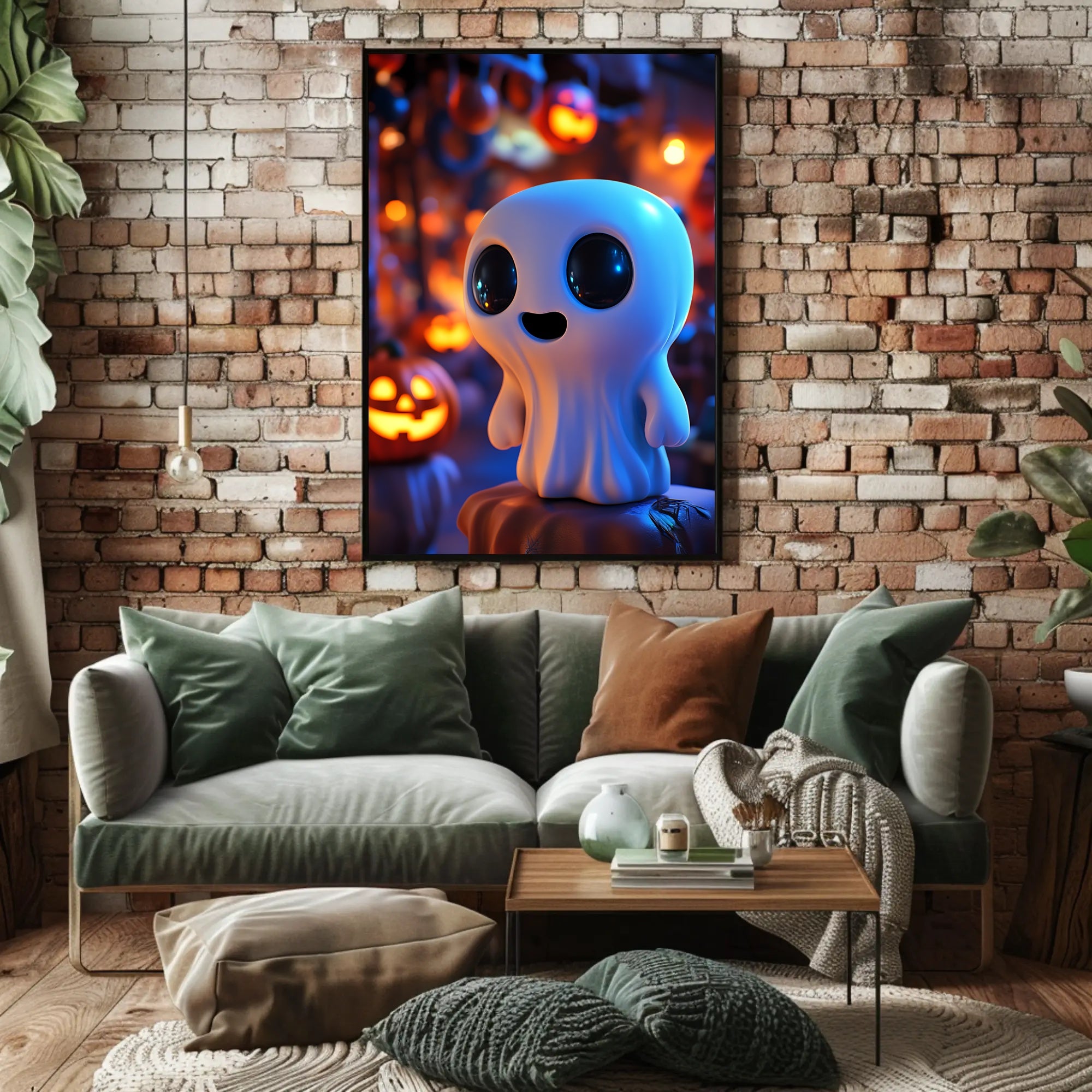 Cute Ghost with Pumpkins: Vibrant Halloween Pop Culture Poster