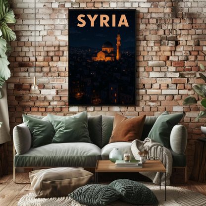Syria Mosque Cityscape Nighttime Middle East Poster