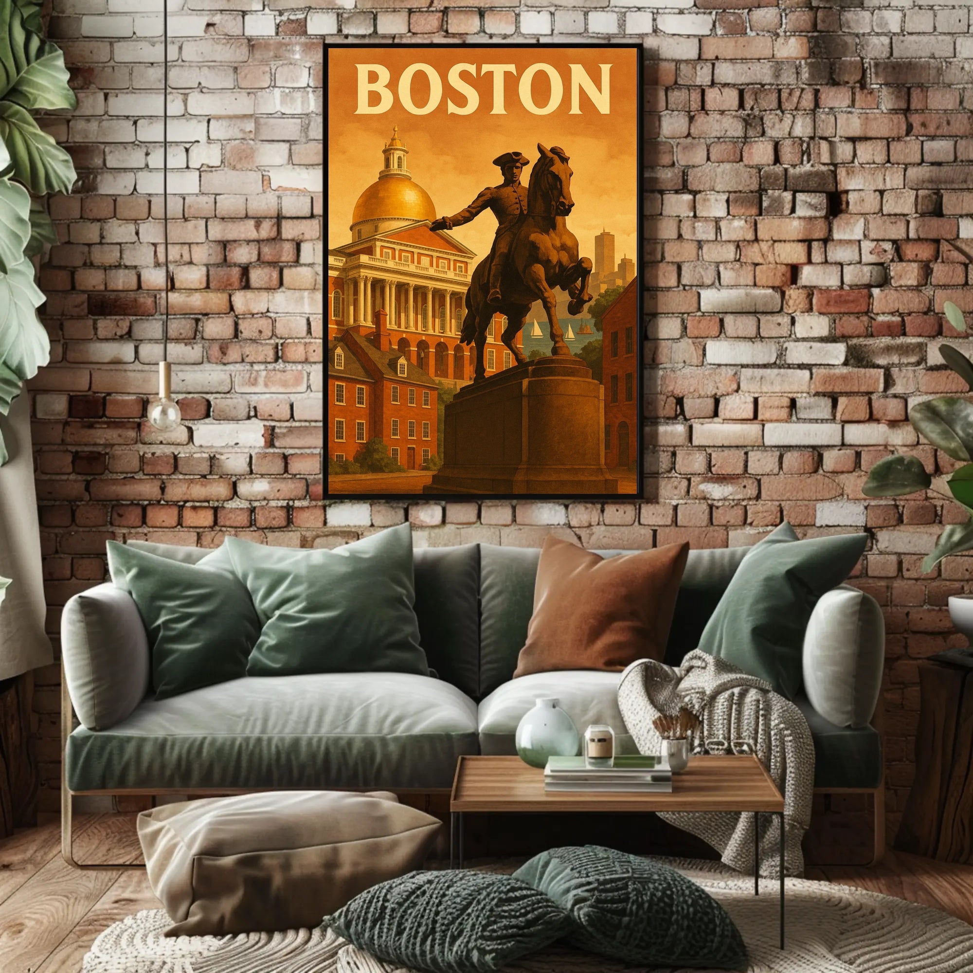 Boston's Grandeur: Equine Statue with State House Travel Poster