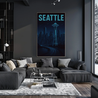 Seattle Futuristic Blue Night Skyline Space Needle Travel Poster
