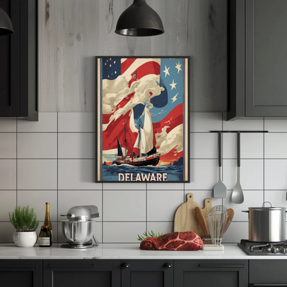 Delaware Sailboat Flag Sky Vintage Travel Poster