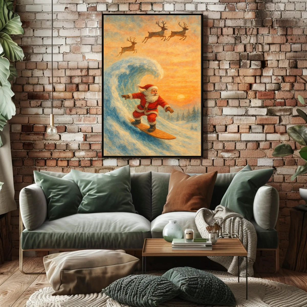 Santa Surfing Christmas Poster: Festive Holiday Decor