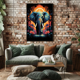 Majestic Elephant Jungle Sunset Art Poster