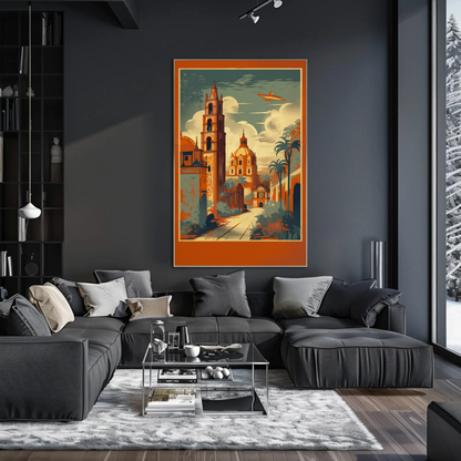 Colonial Cathedral Landmarks Courtyard Palms Plane Travel Poster
