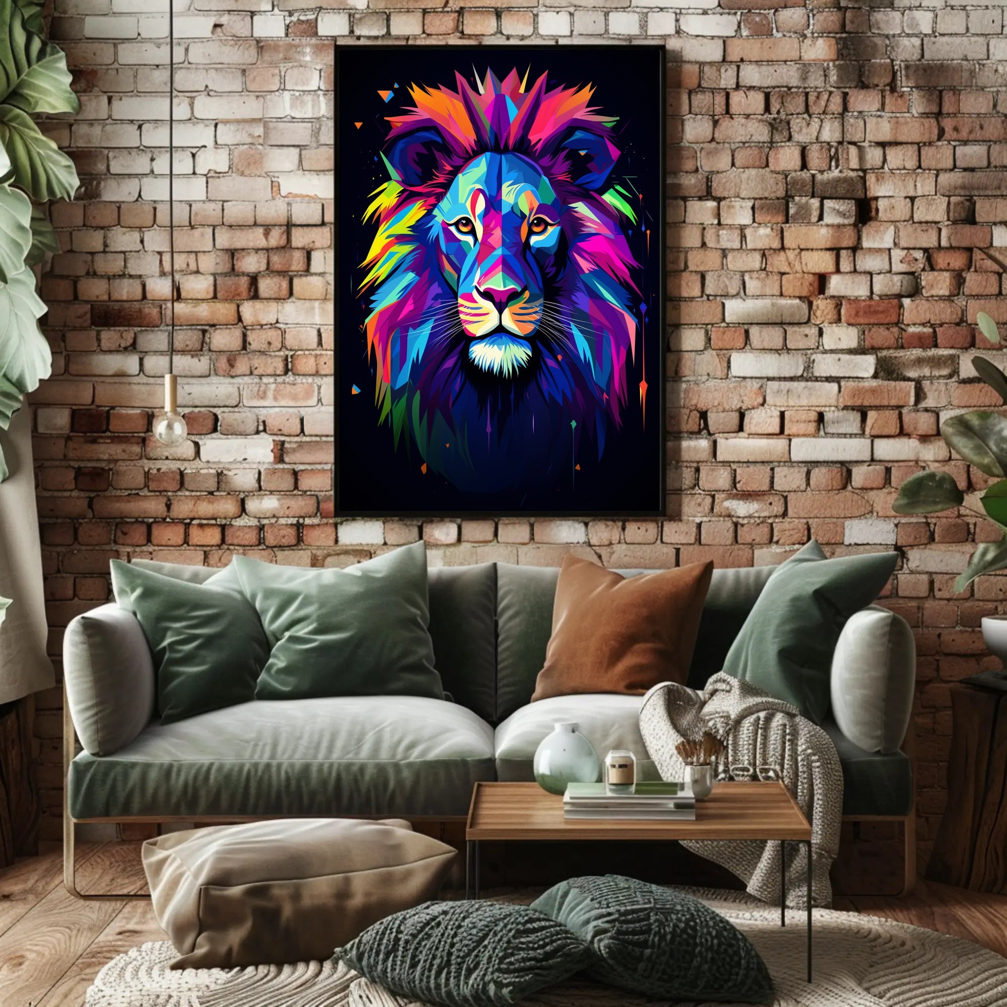 Vibrant Lion Portrait in Abstract, Artistic, or Pop Culture Poster