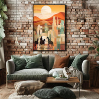 Sunset Riders in a Desert Cityscape Poster