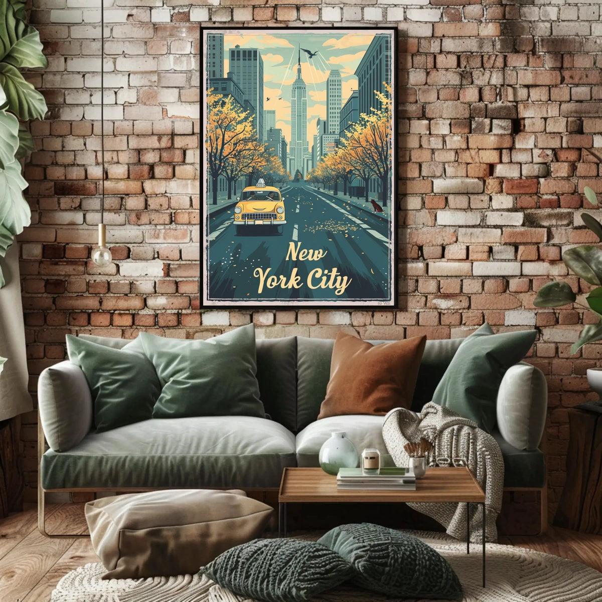 New York City Autumn Taxi Skyline Poster Vintage Wall Art