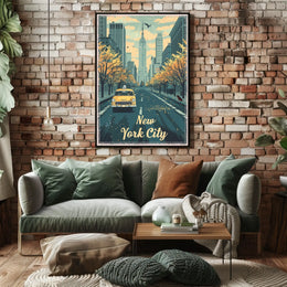 New York City Autumn Taxi Skyline Poster Vintage Wall Art
